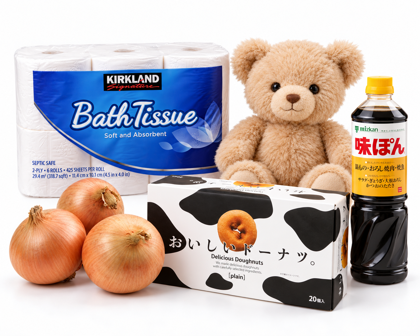 日用品、食品、野菜とぬいぐるみを並べたイメージ